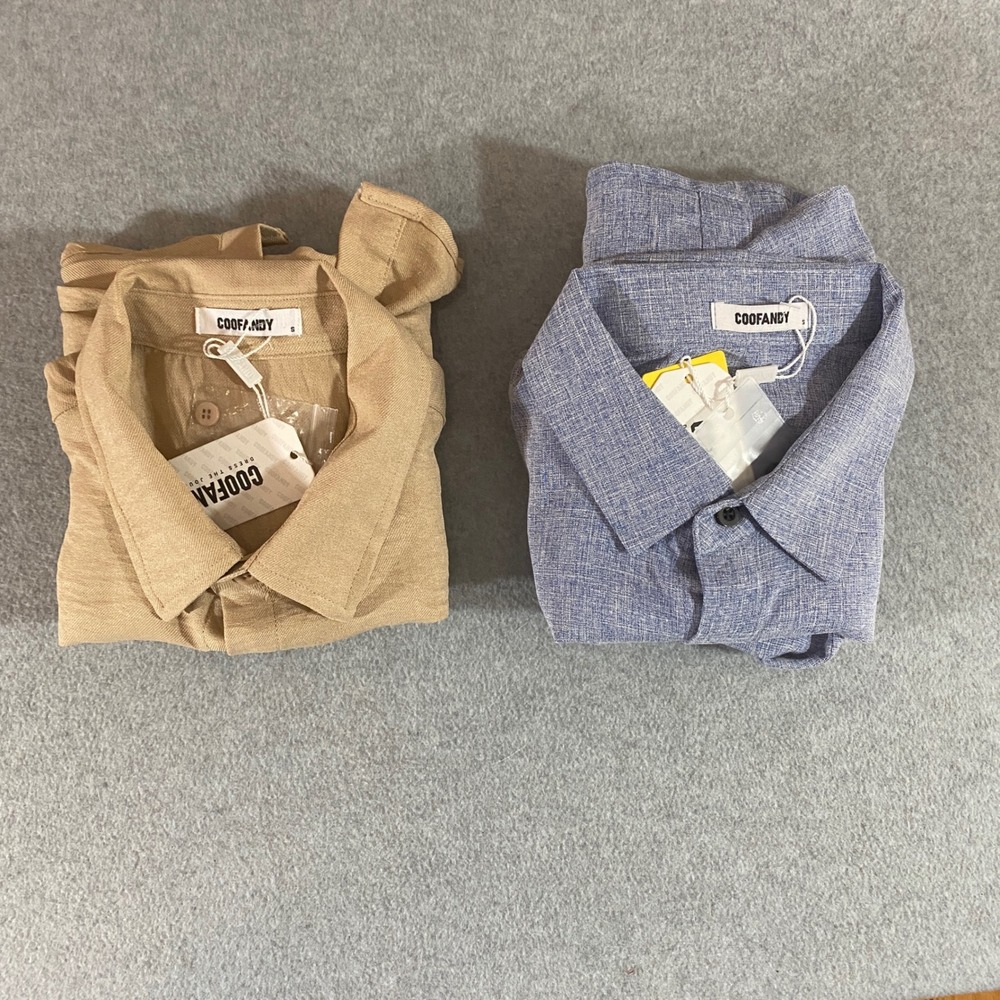 Coofandy Mens Short Sleeve Button Down Shirt Lot 2 Tan Blue Small NWT